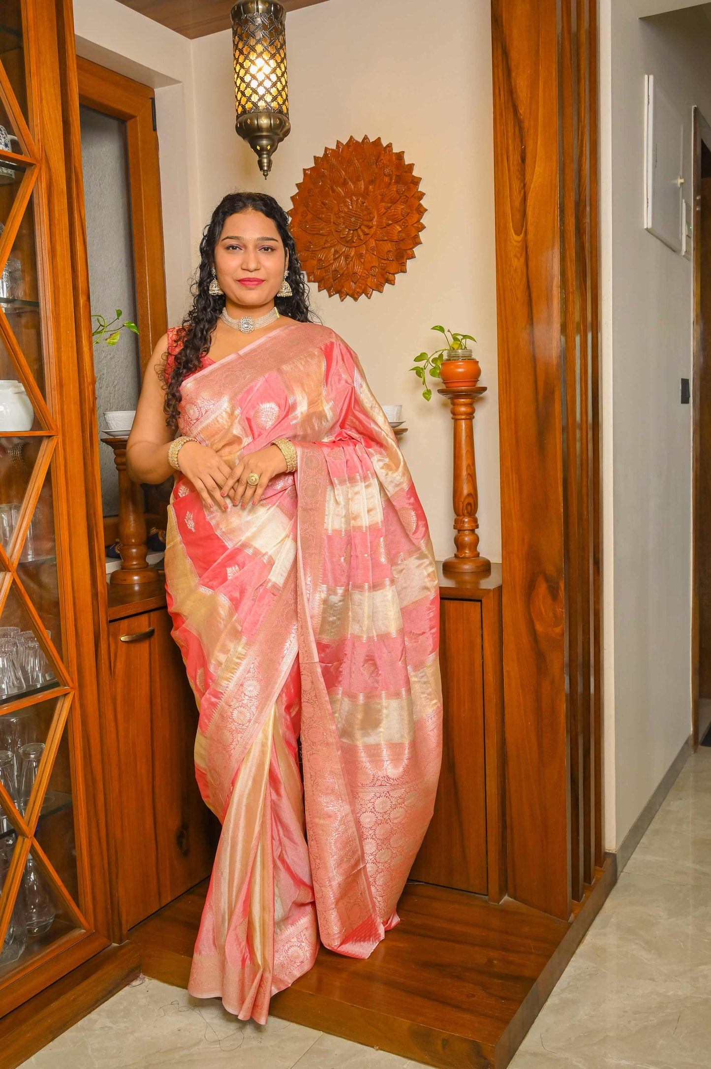 Beige and Baby Pink Combination Muga Tissue Silk Saree