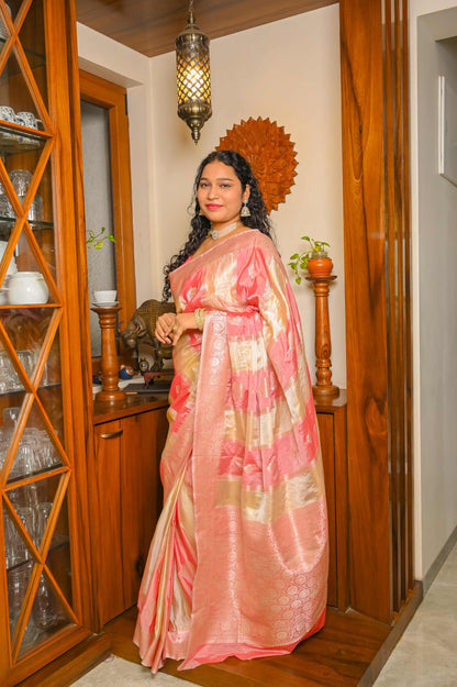 Beige and Baby Pink Combination Muga Tissue Silk Saree