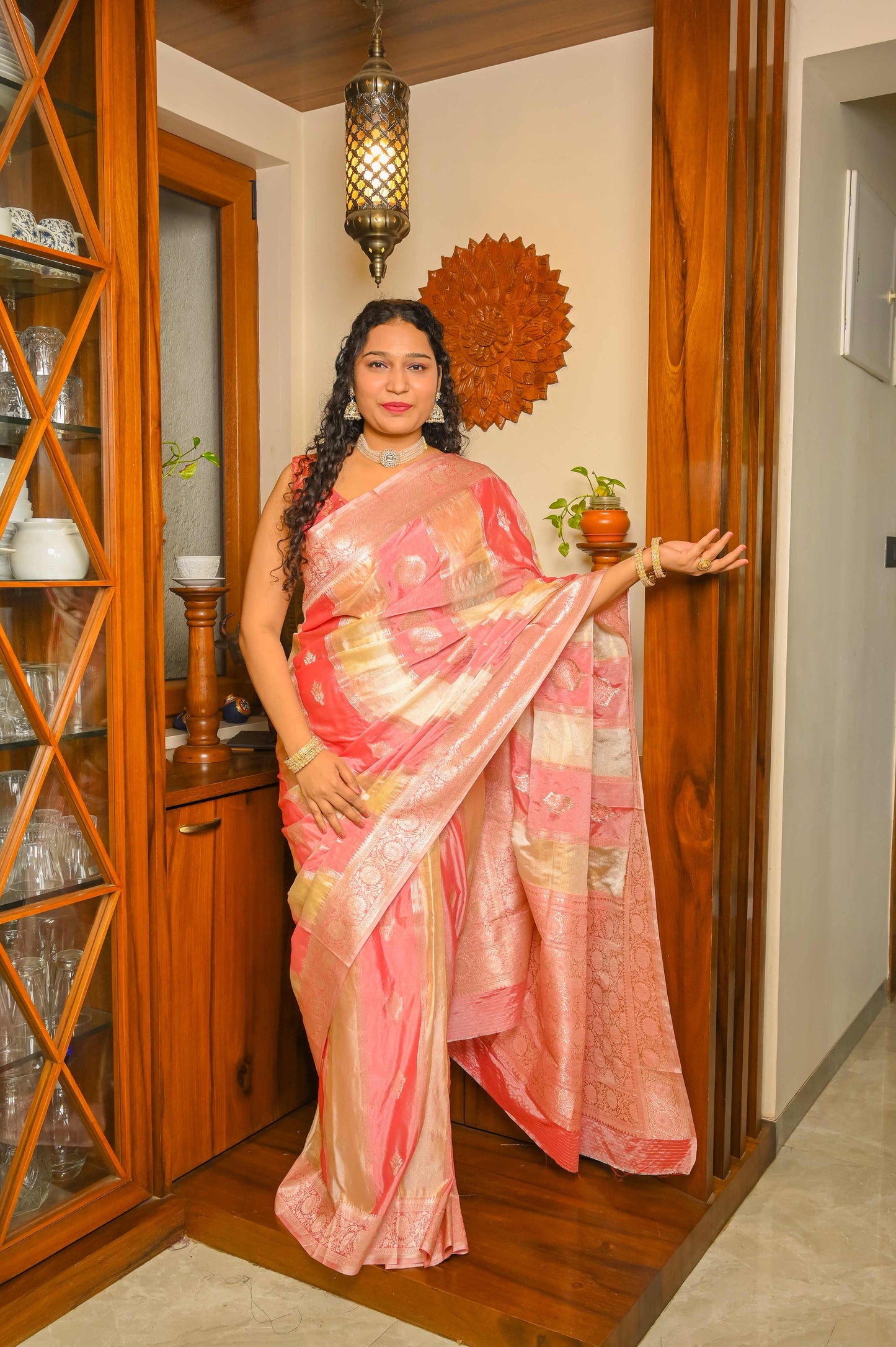 Beige and Baby Pink Combination Muga Tissue Silk Saree