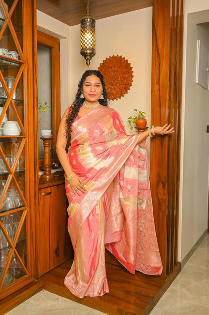 Beige and Baby Pink Combination Muga Tissue Silk Saree