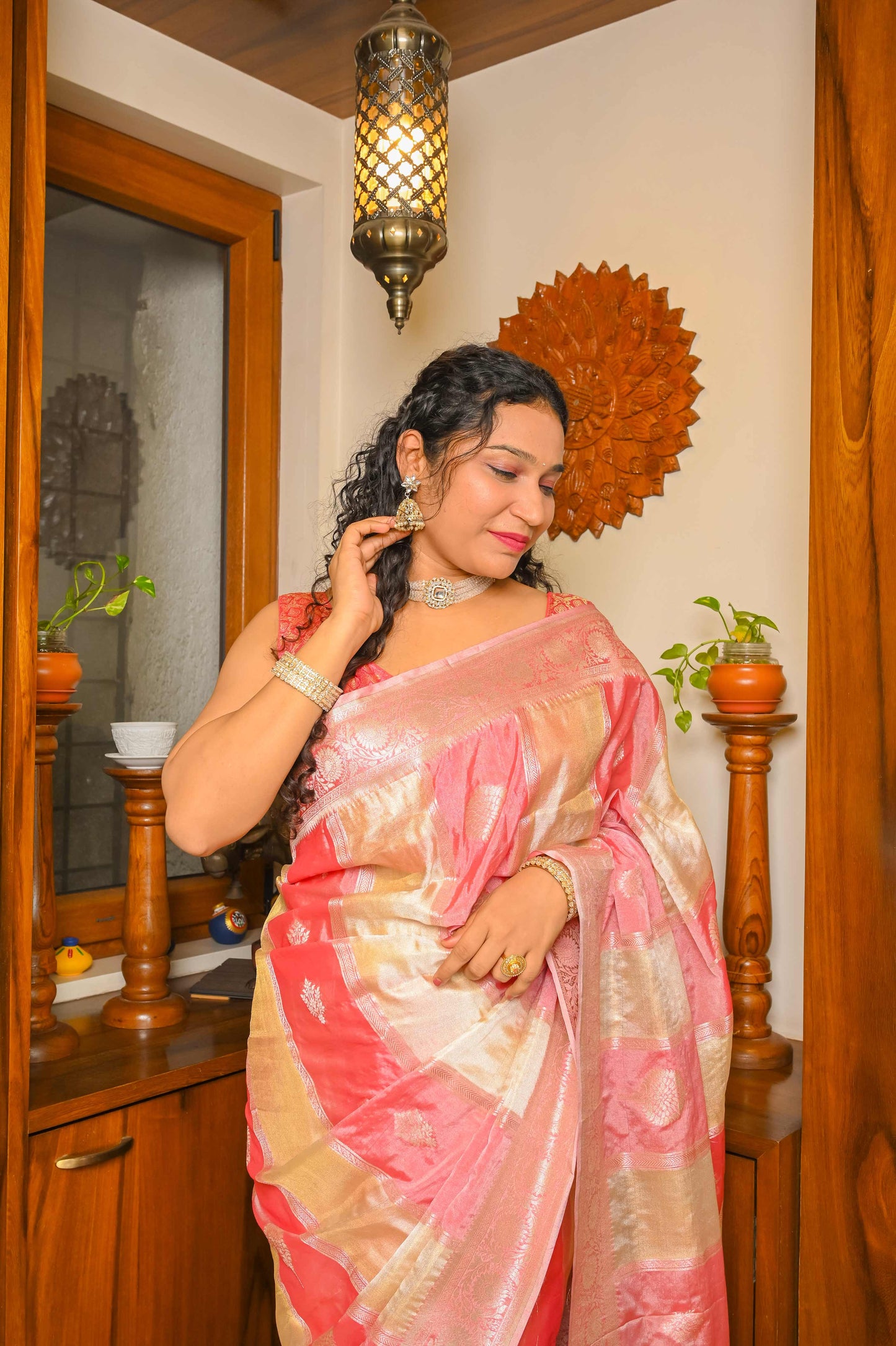 Beige and Baby Pink Combination Muga Tissue Silk Saree