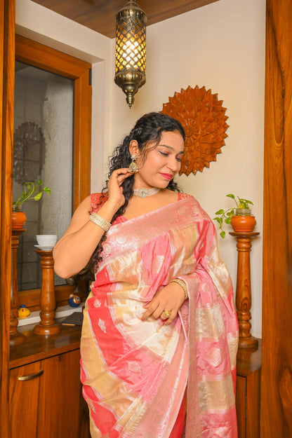 Beige and Baby Pink Combination Muga Tissue Silk Saree