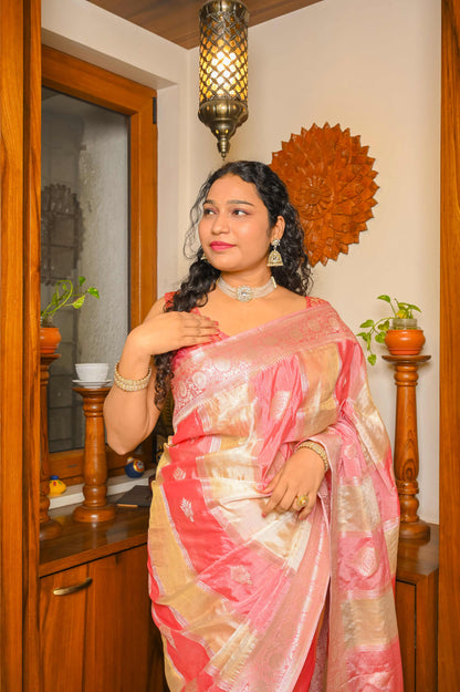 Beige and Baby Pink Combination Muga Tissue Silk Saree