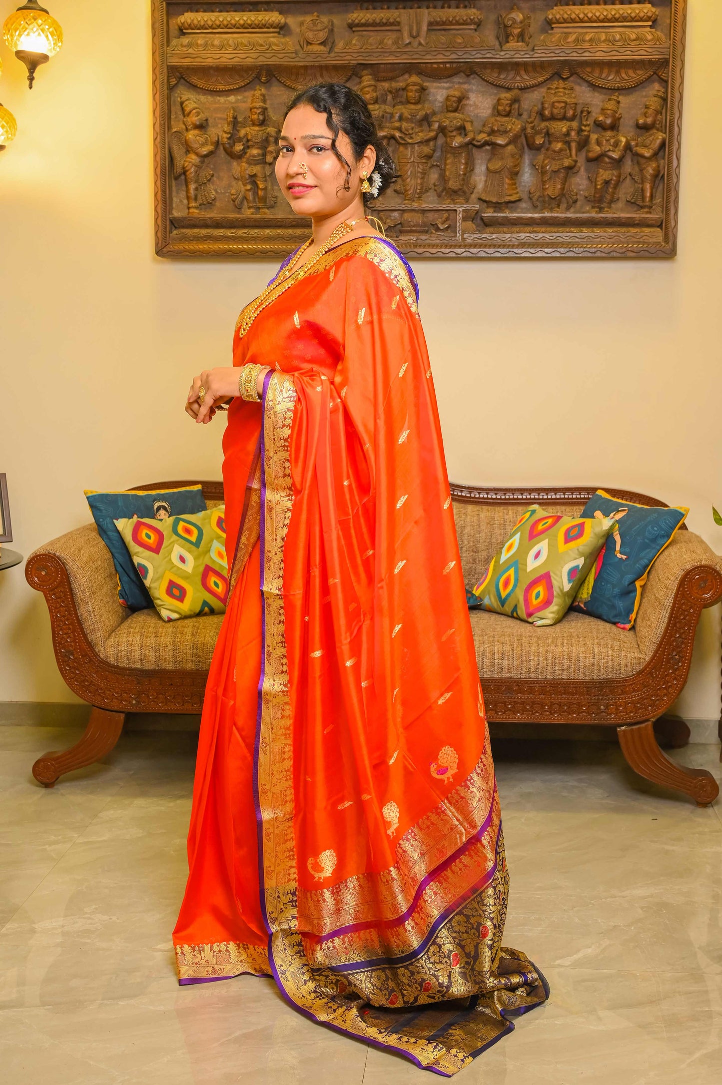 Orange Peshwai Silk Handcrafted Saree