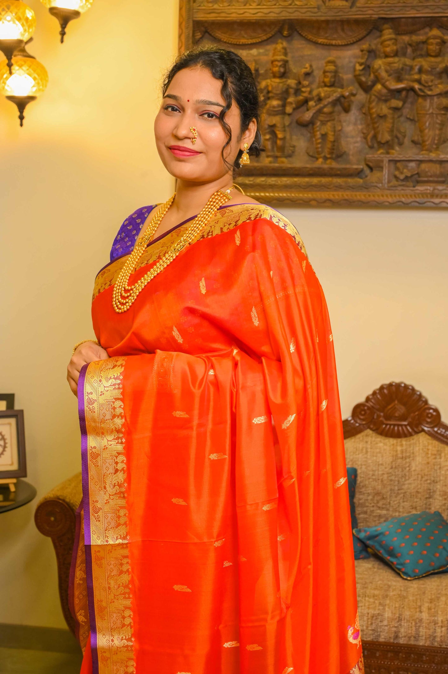 Orange Peshwai Silk Handcrafted Saree
