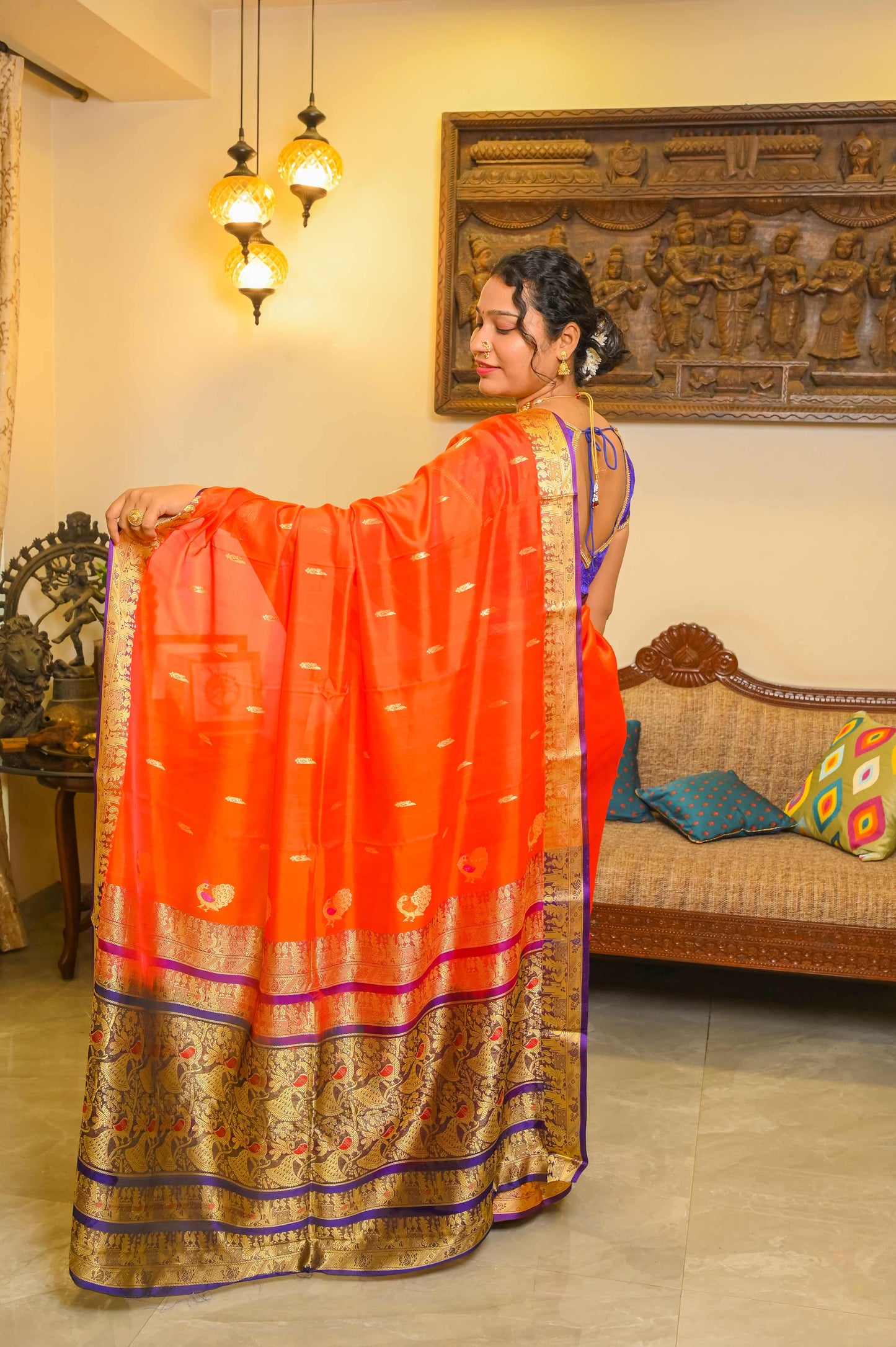 Orange Peshwai Silk Handcrafted Saree
