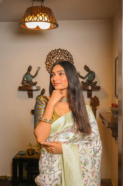 Cream with Pastel Green Paithani Eri Silk Saree