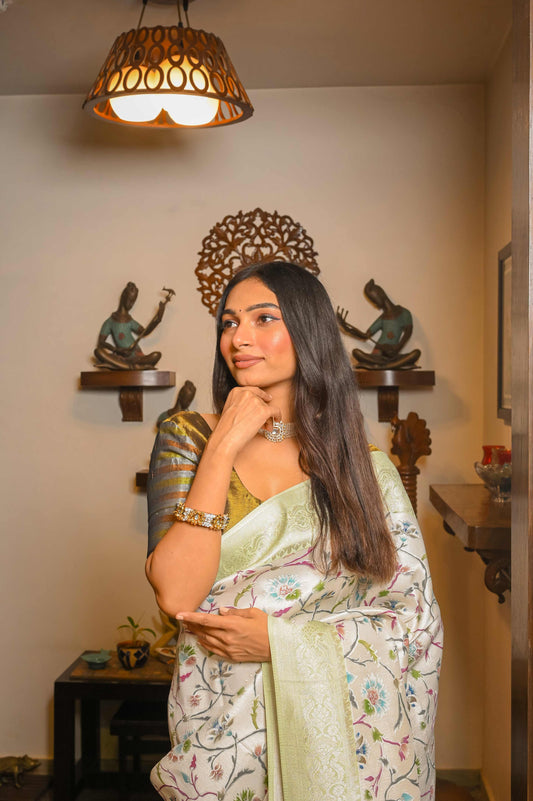 Cream with Pastel Green Paithani Eri Silk Saree
