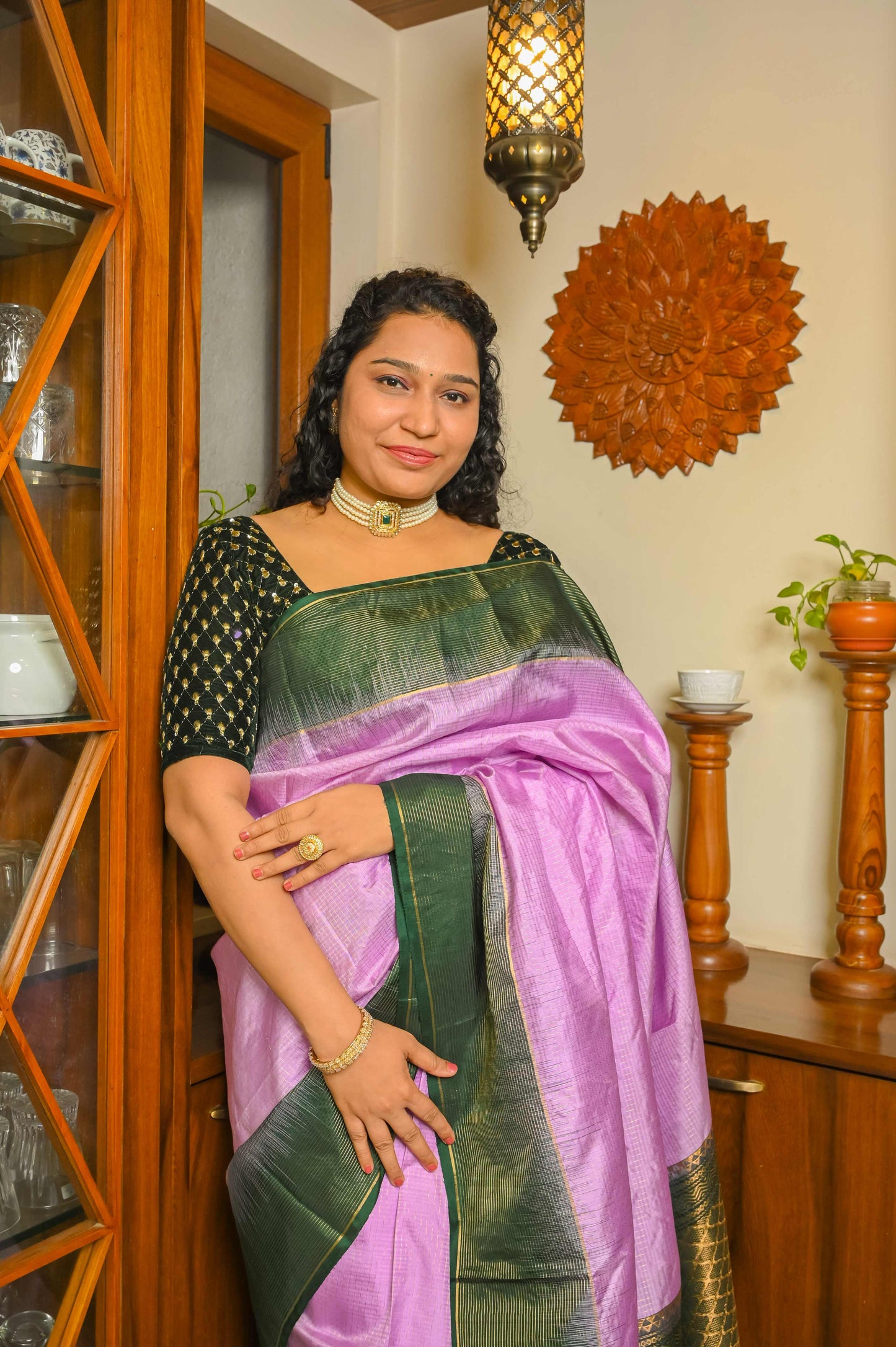 Green and Lilac Muga Silk Saree