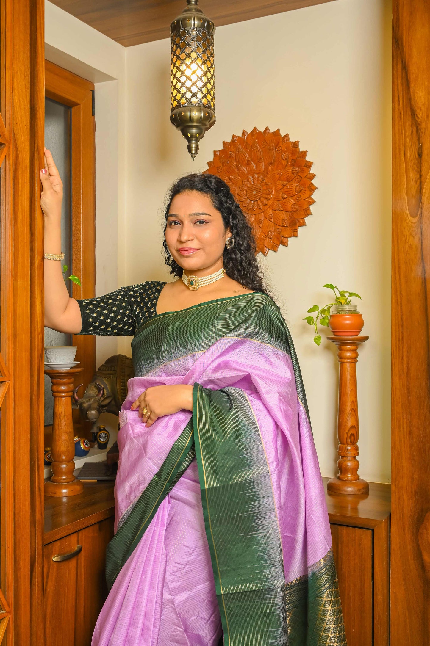 Green and Lilac Muga Silk Saree