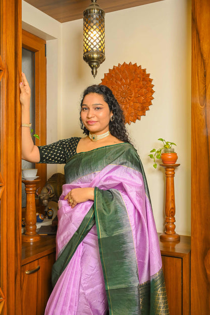 Green and Lilac Muga Silk Saree