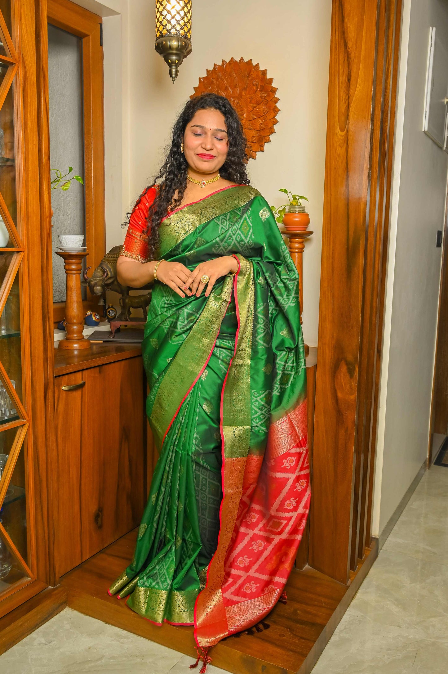 Burnt Red and Green Patola Silk Saree