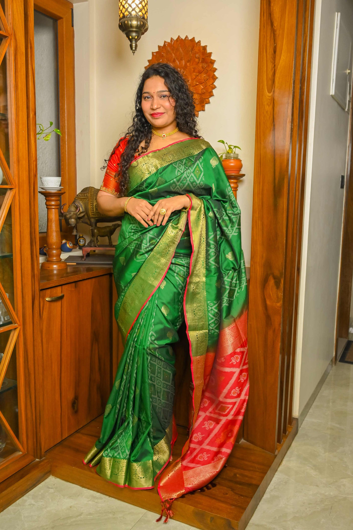 Burnt Red and Green Patola Silk Saree