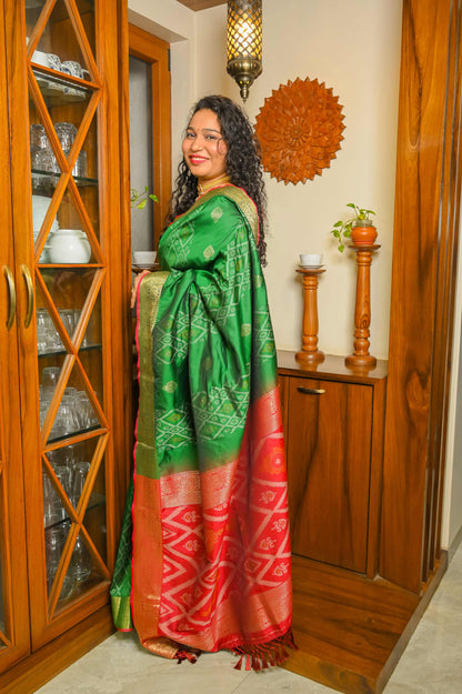 Burnt Red and Green Patola Silk Saree