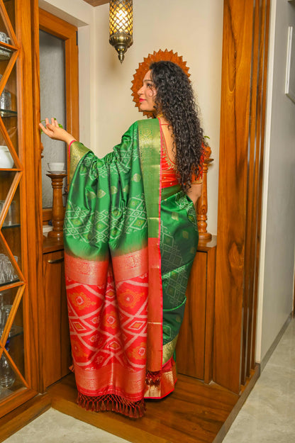 Burnt Red and Green Patola Silk Saree