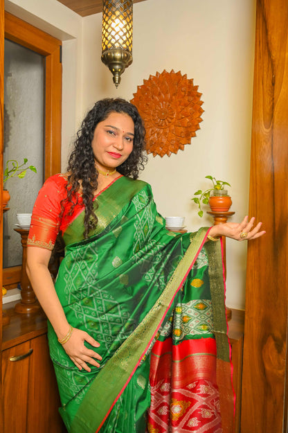 Burnt Red and Green Patola Silk Saree