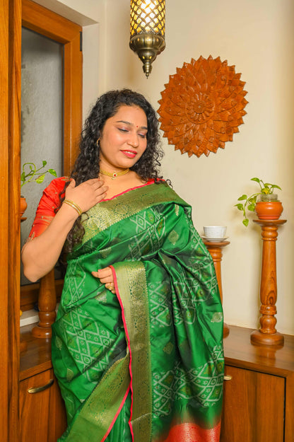 Burnt Red and Green Patola Silk Saree