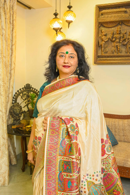 Cream Muga Silk Saree