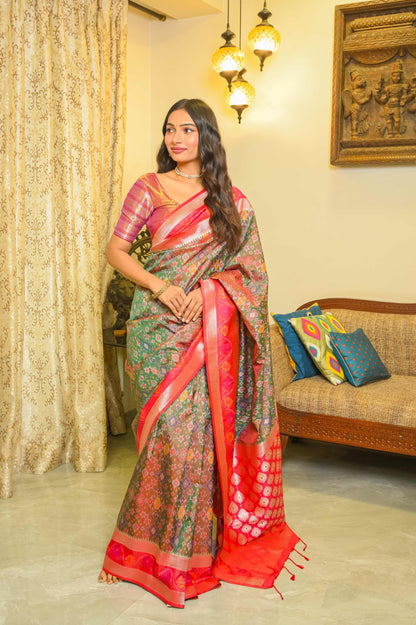 Green and Pinkish Red Patola Saree