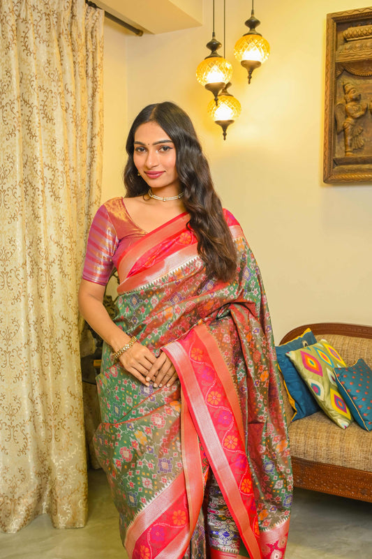 Green and Pinkish Red Patola Saree
