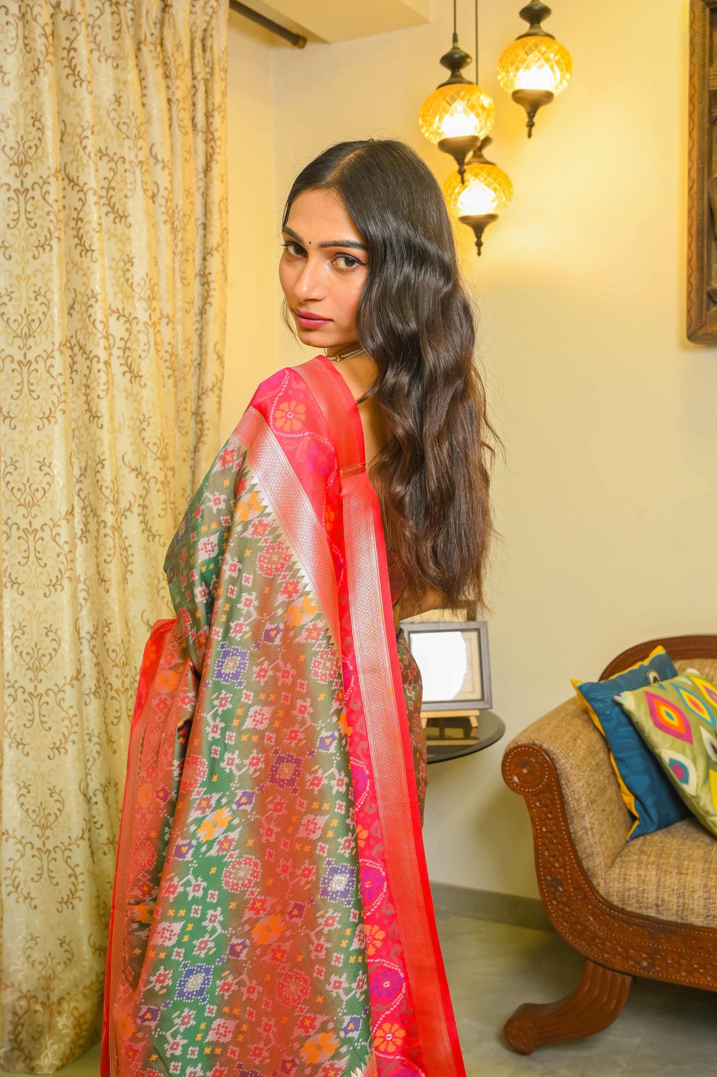 Green and Pinkish Red Patola Saree