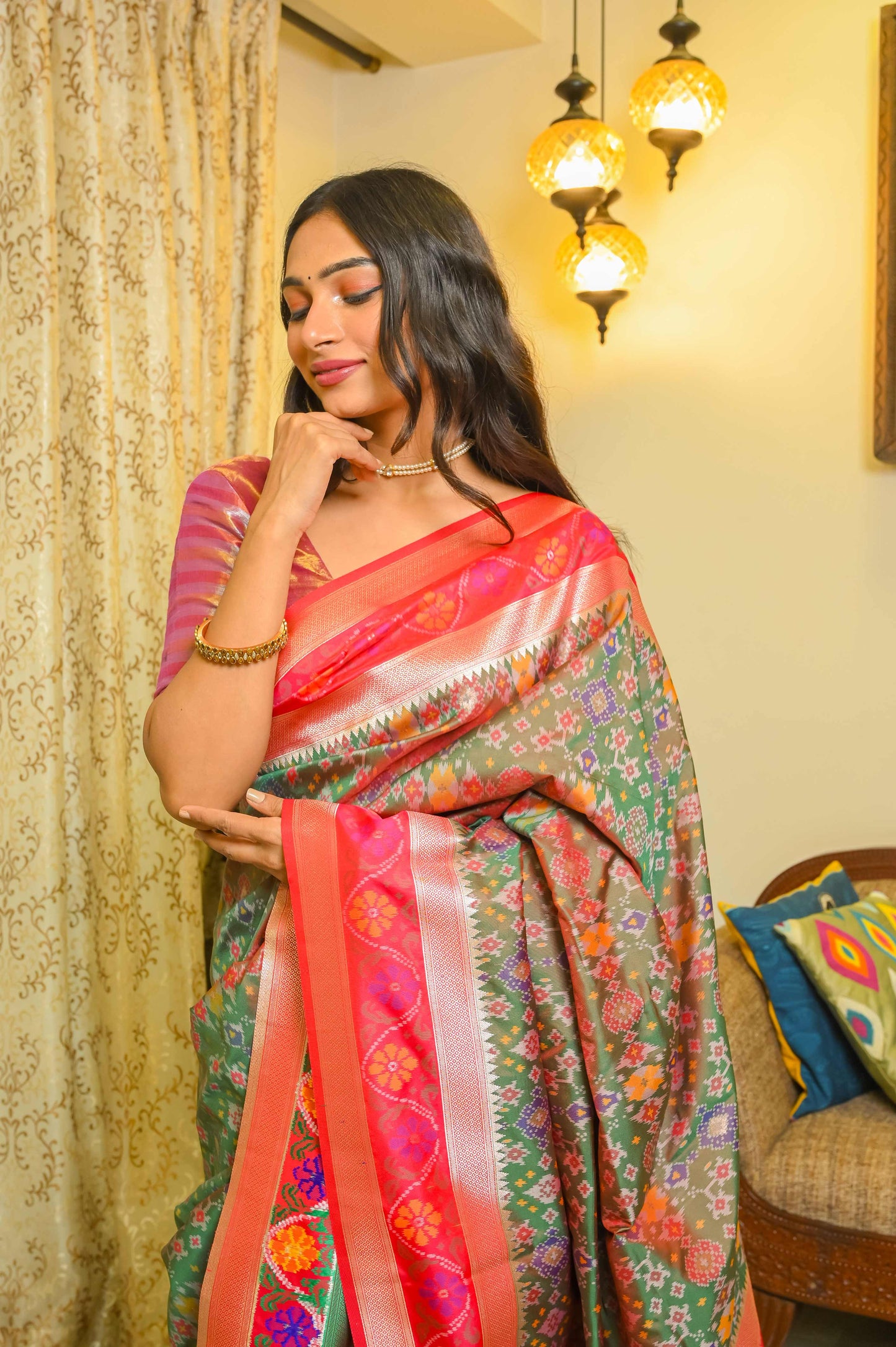 Green and Pinkish Red Patola Saree