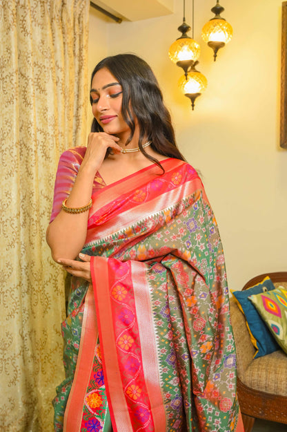 Green and Pinkish Red Patola Saree