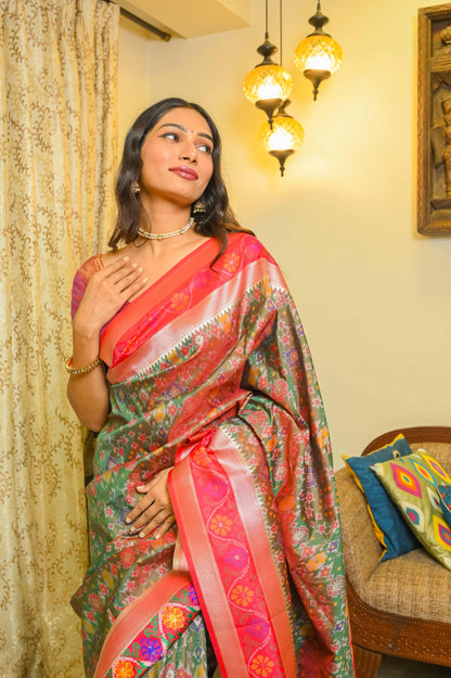 Green and Pinkish Red Patola Saree