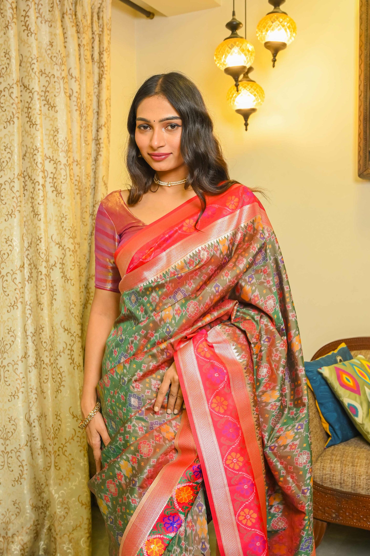 Green and Pinkish Red Patola Saree