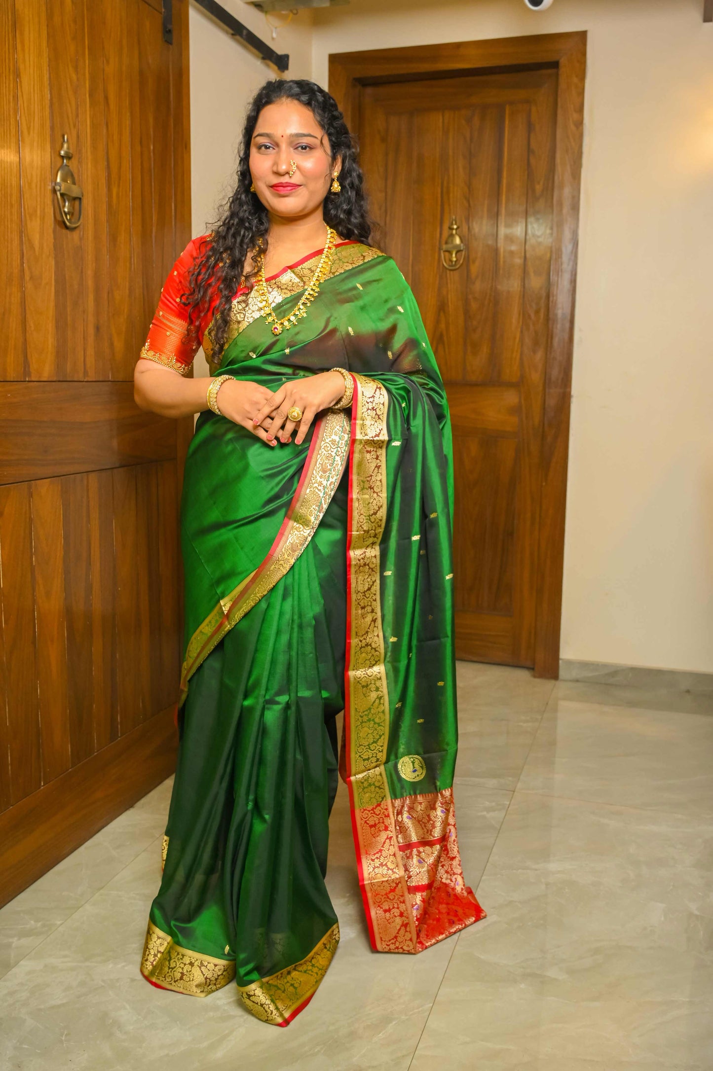 Green and Red Peshwai Silk Saree