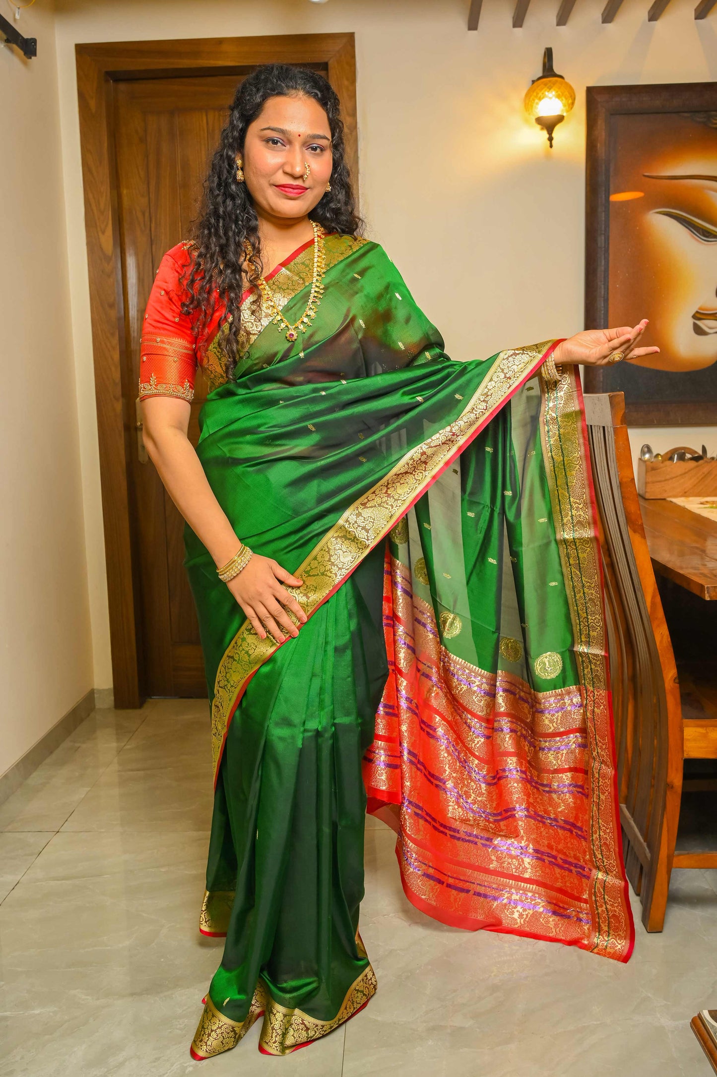 Green and Red Peshwai Silk Saree