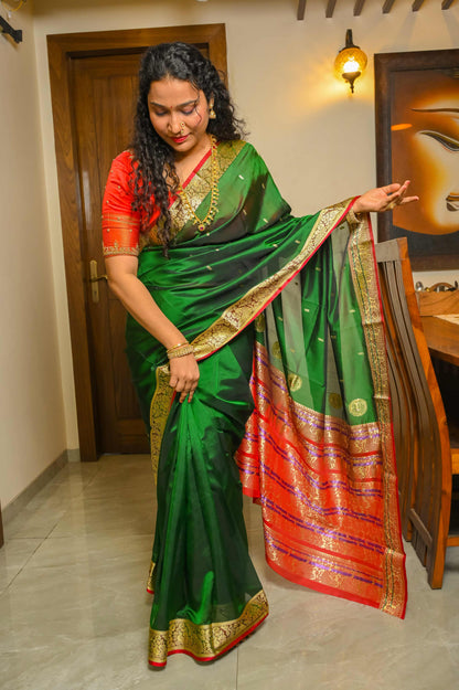 Green and Red Peshwai Silk Saree