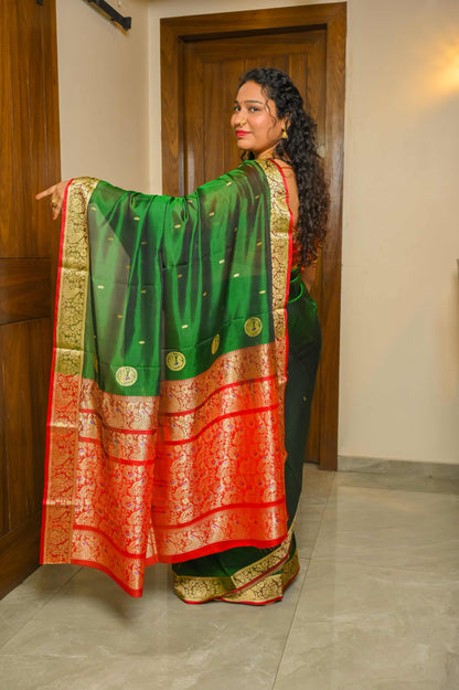 Green and Red Peshwai Silk Saree