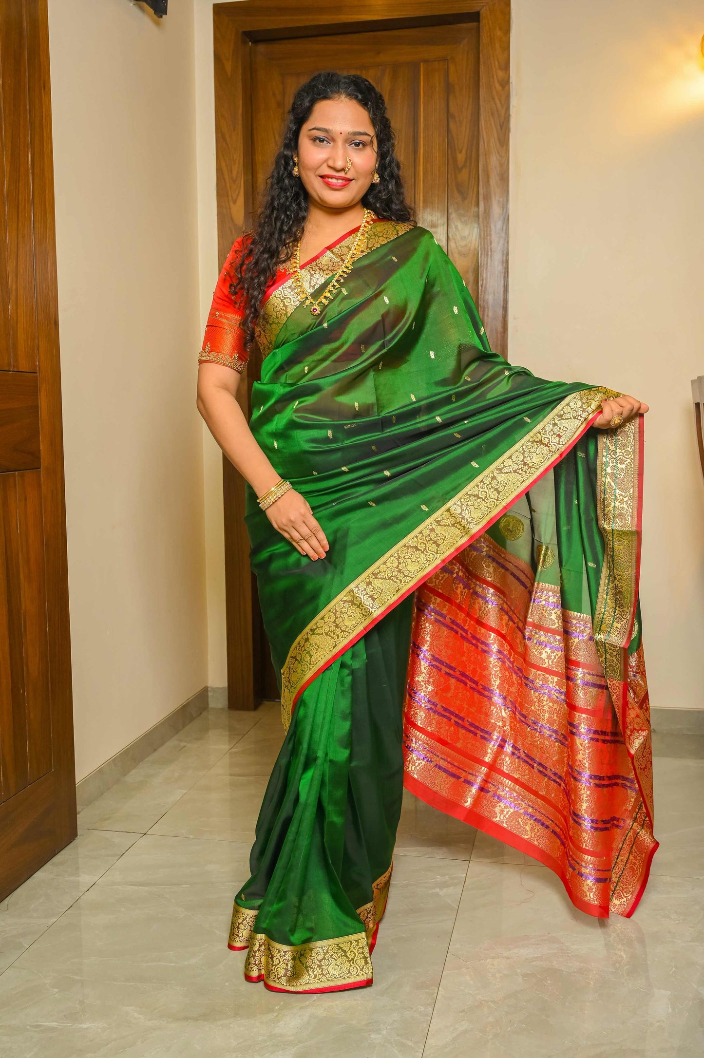 Green and Red Peshwai Silk Saree