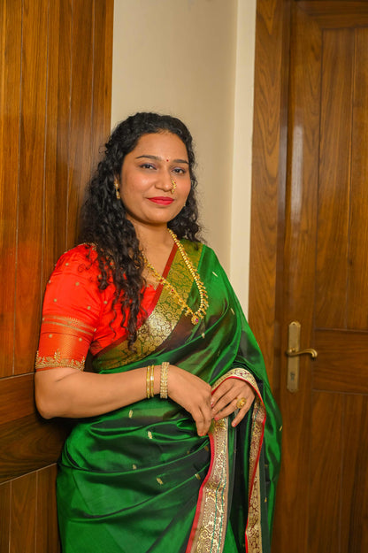 Green and Red Peshwai Silk Saree