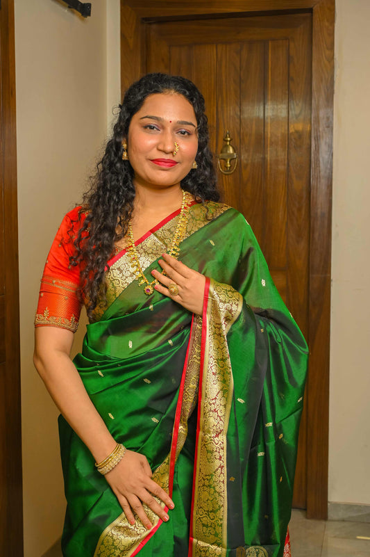 Green and Red Peshwai Silk Saree