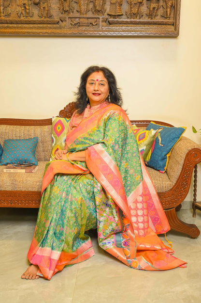 Green and Peachish Pink Patola Saree