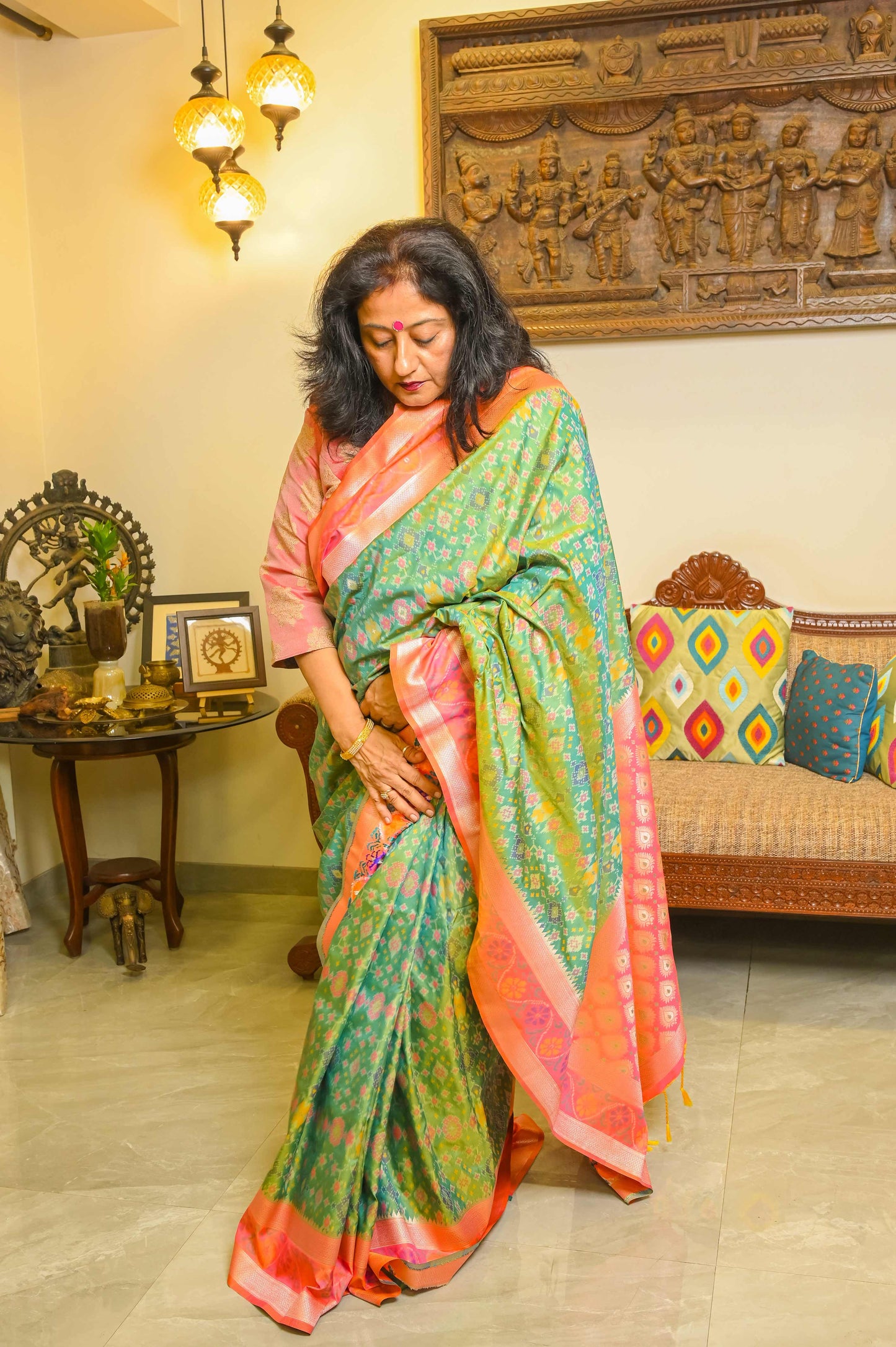 Green and Peachish Pink Patola Saree