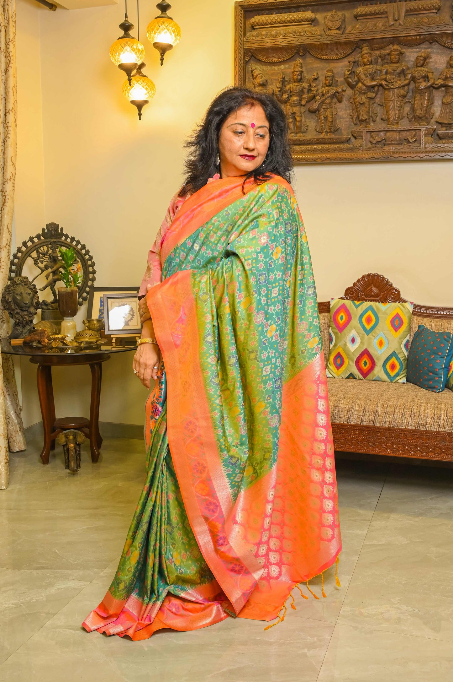 Green and Peachish Pink Patola Saree