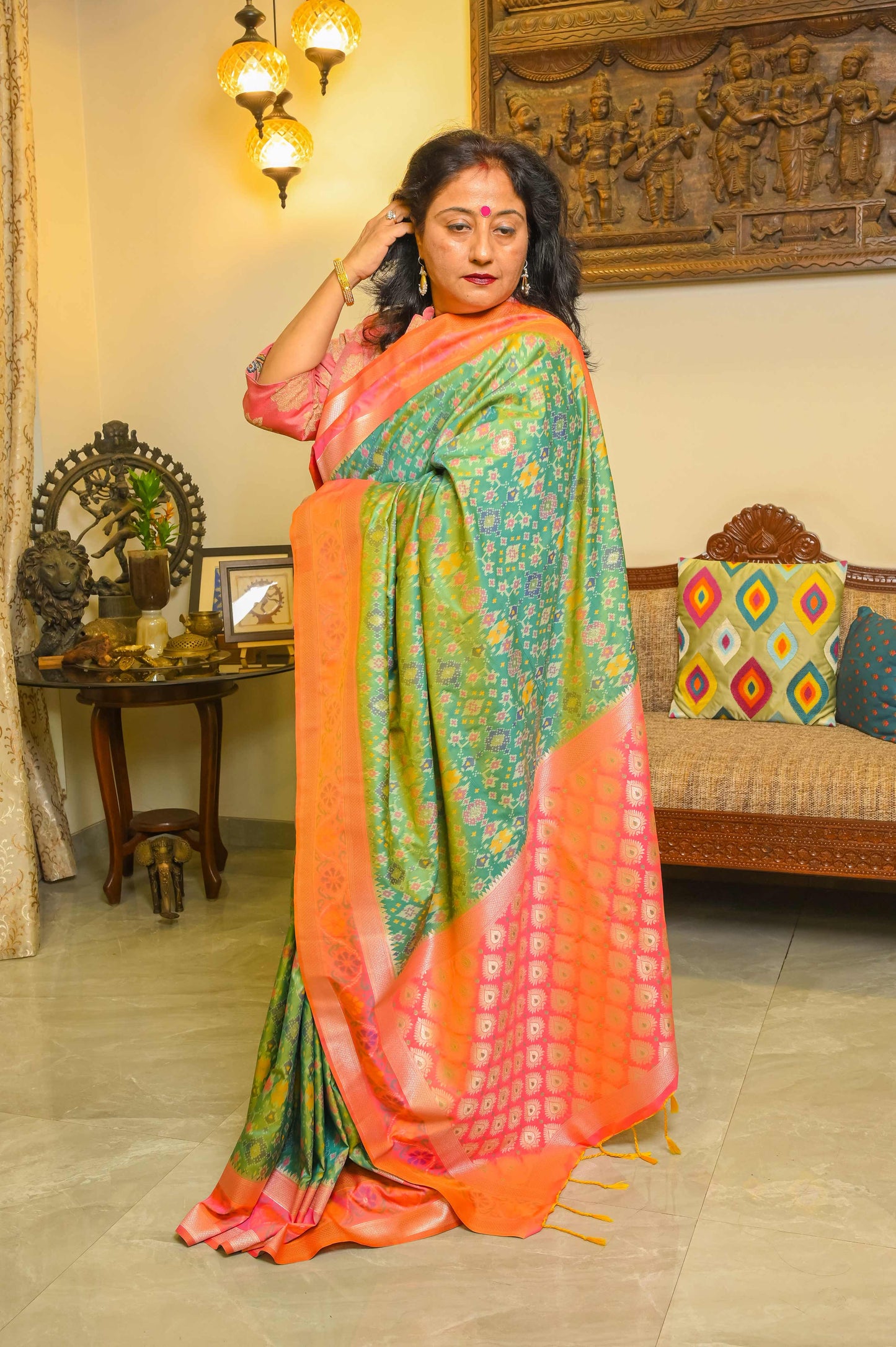 Green and Peachish Pink Patola Saree
