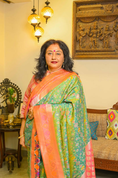 Green and Peachish Pink Patola Saree