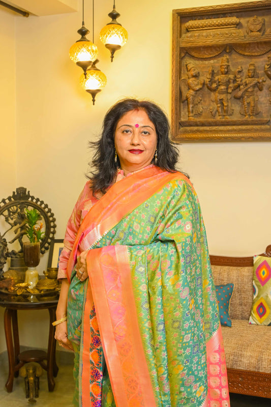 Green and Peachish Pink Patola Saree