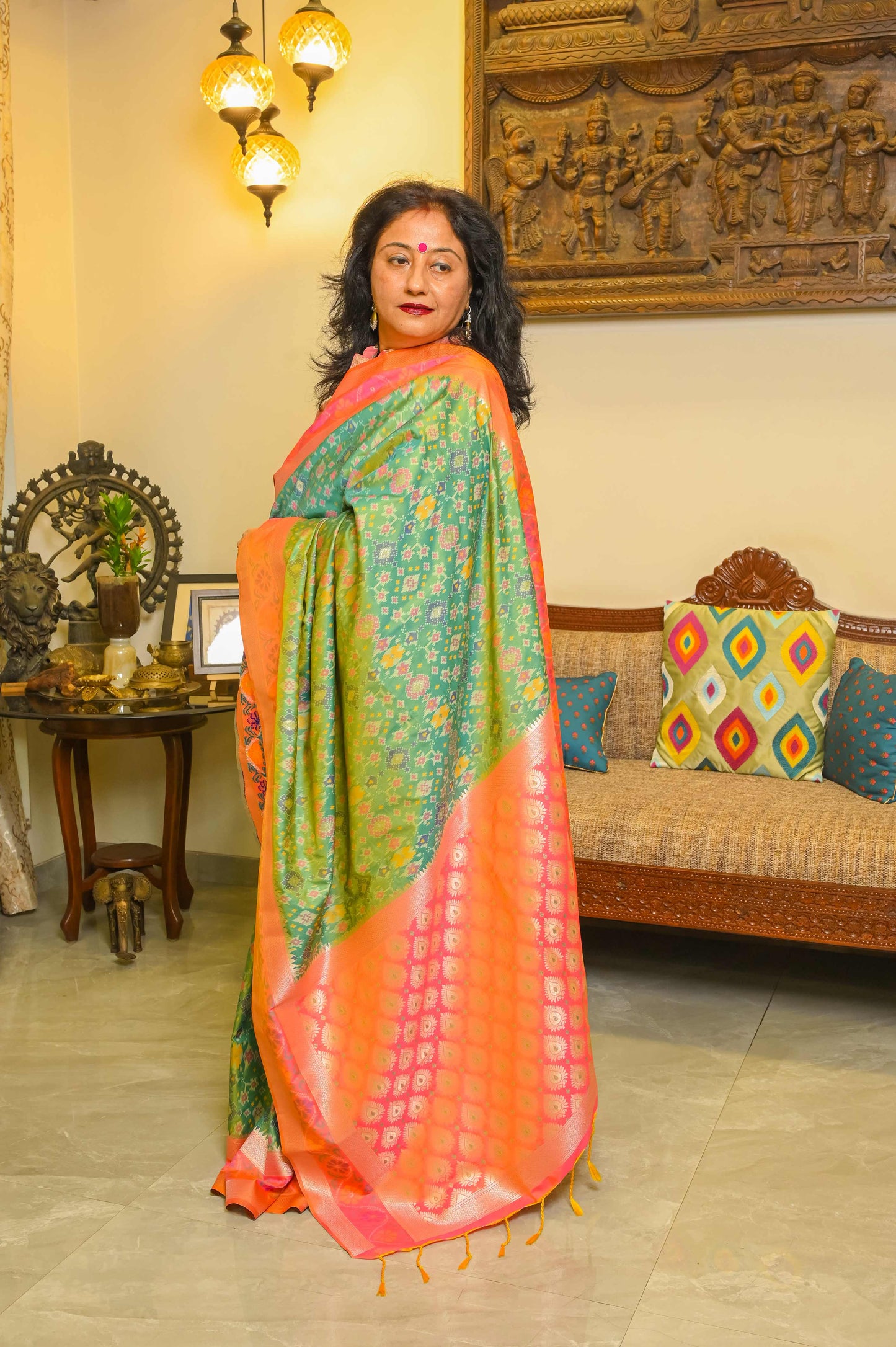 Green and Peachish Pink Patola Saree