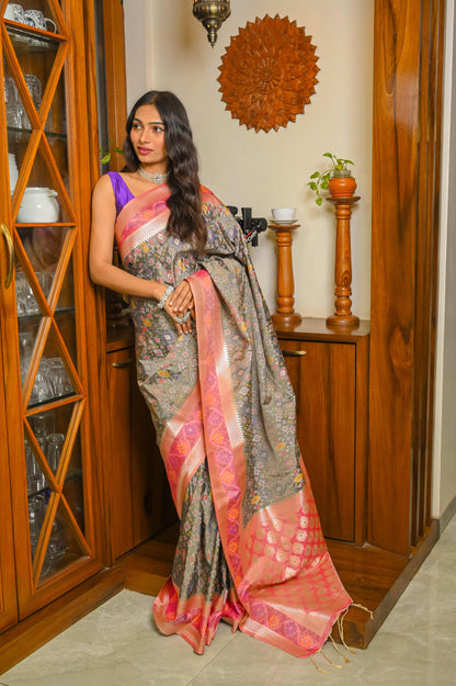 Grey and Pink Patola Handloom Saree