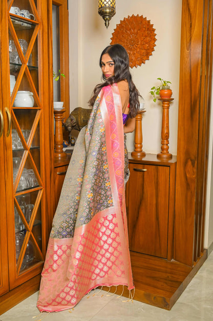 Grey and Pink Patola Handloom Saree