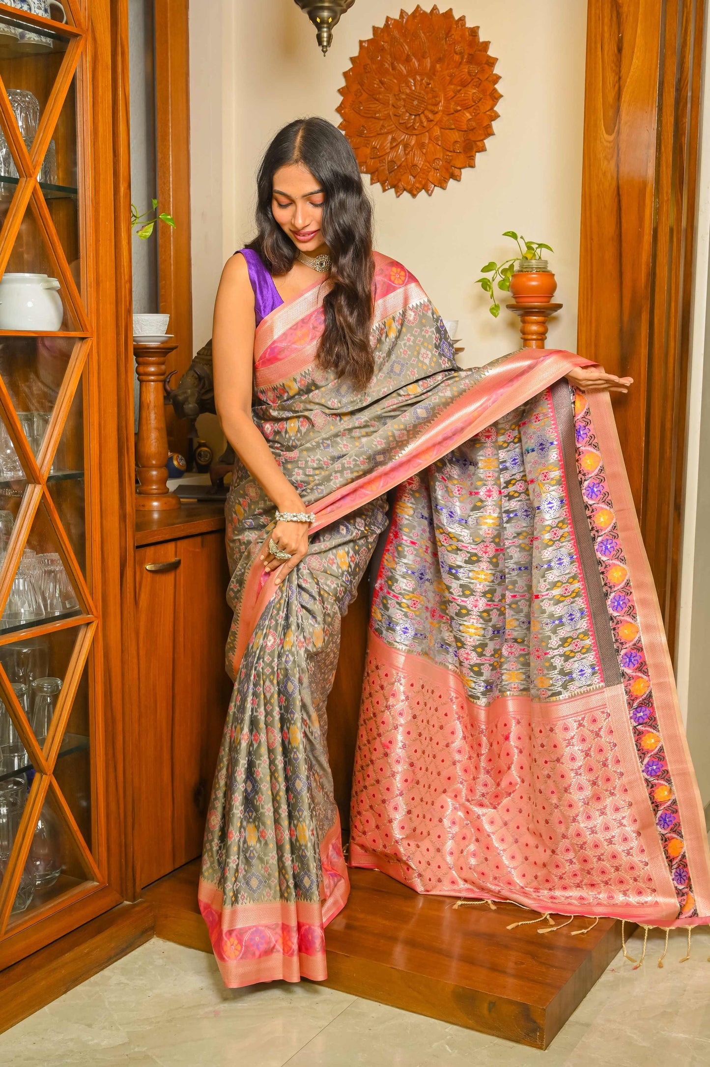 Grey and Pink Patola Handloom Saree