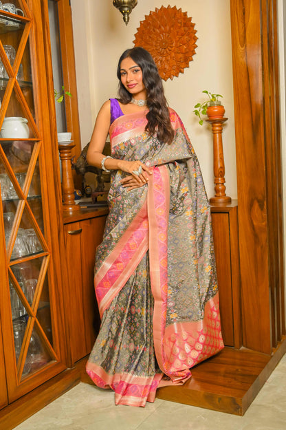 Grey and Pink Patola Handloom Saree