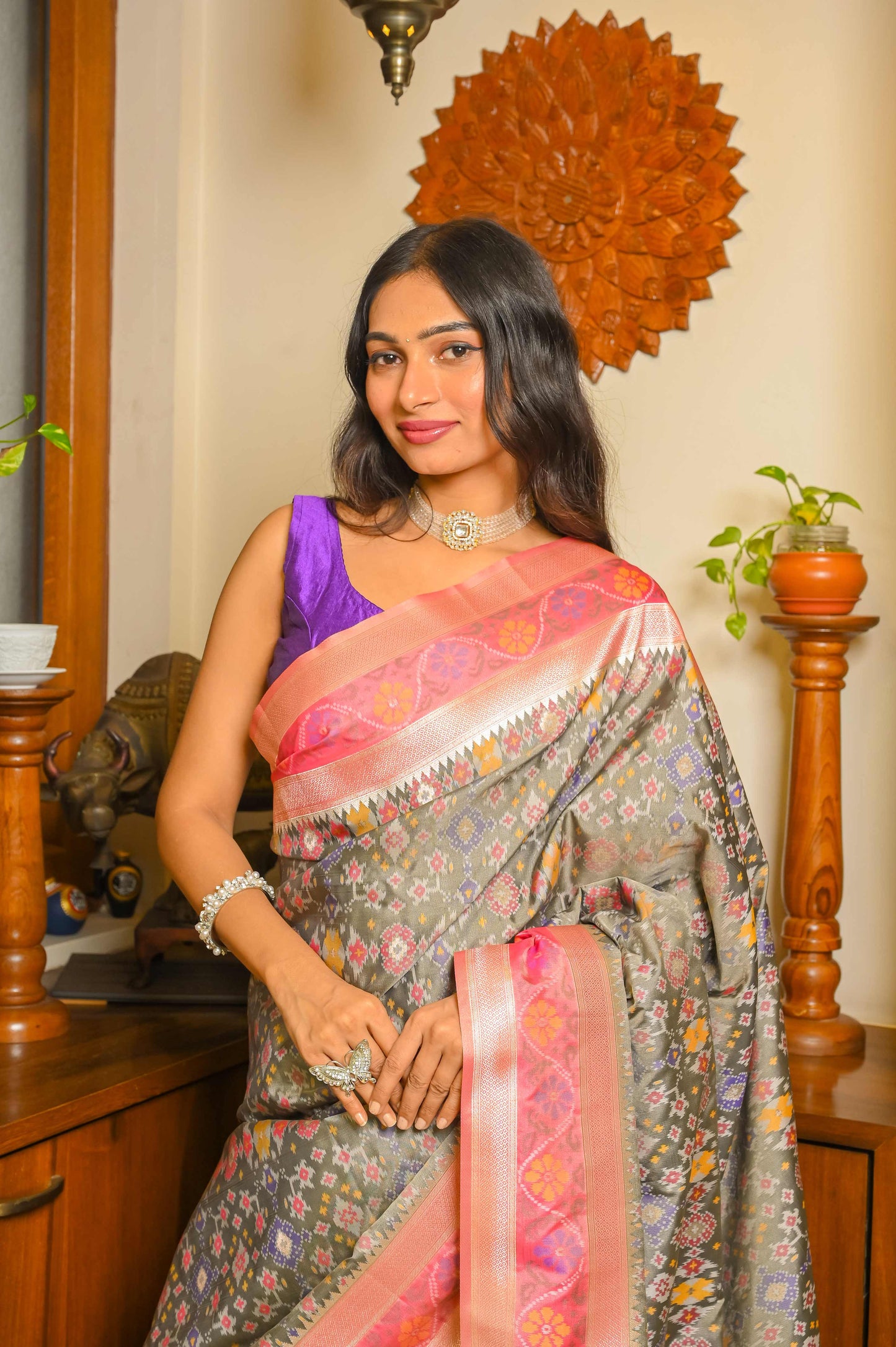 Grey and Pink Patola Handloom Saree