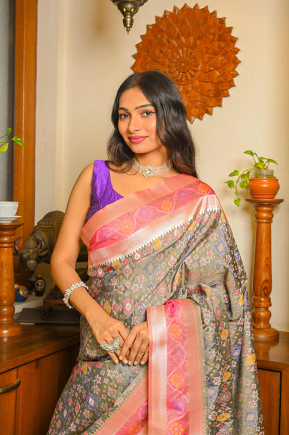 Grey and Pink Patola Handloom Saree