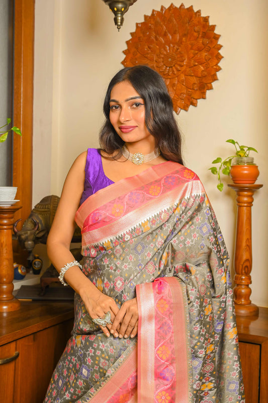 Grey and Pink Patola Handloom Saree
